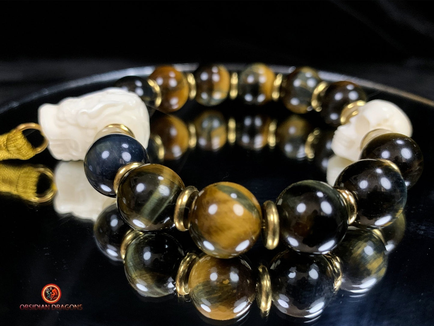 Bracelet en oeil de tigre- Crâne et dragon en os | obsidian dragons