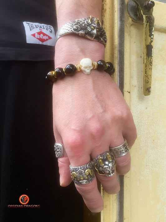 Bracelet en oeil de tigre- Crâne et dragon en os | obsidian dragons