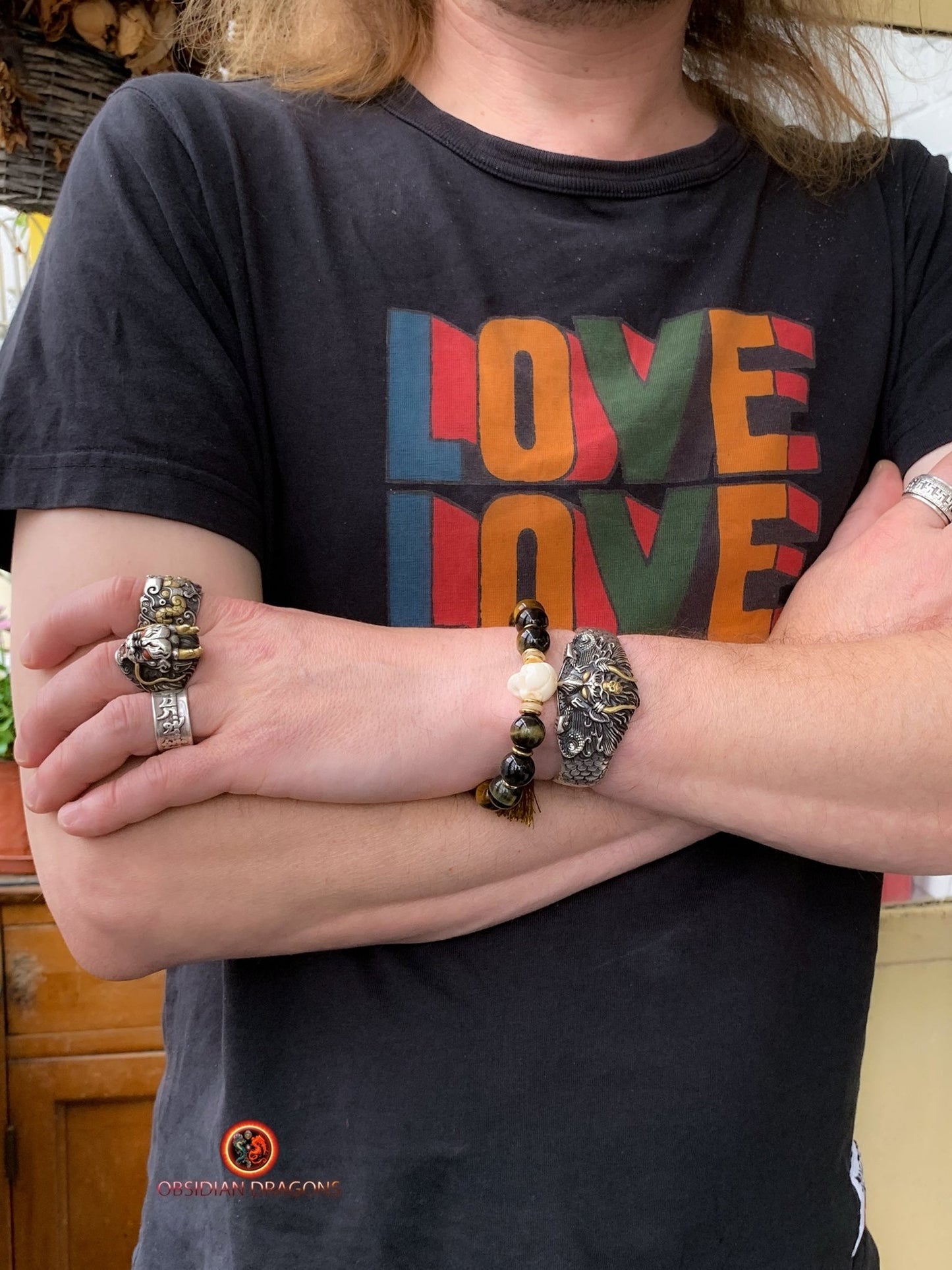 Bracelet en oeil de tigre- Crâne et dragon en os | obsidian dragons