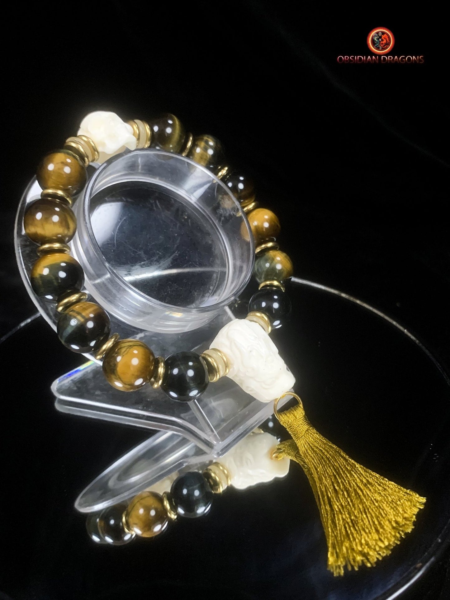 Bracelet en oeil de tigre- Crâne et dragon en os | obsidian dragons
