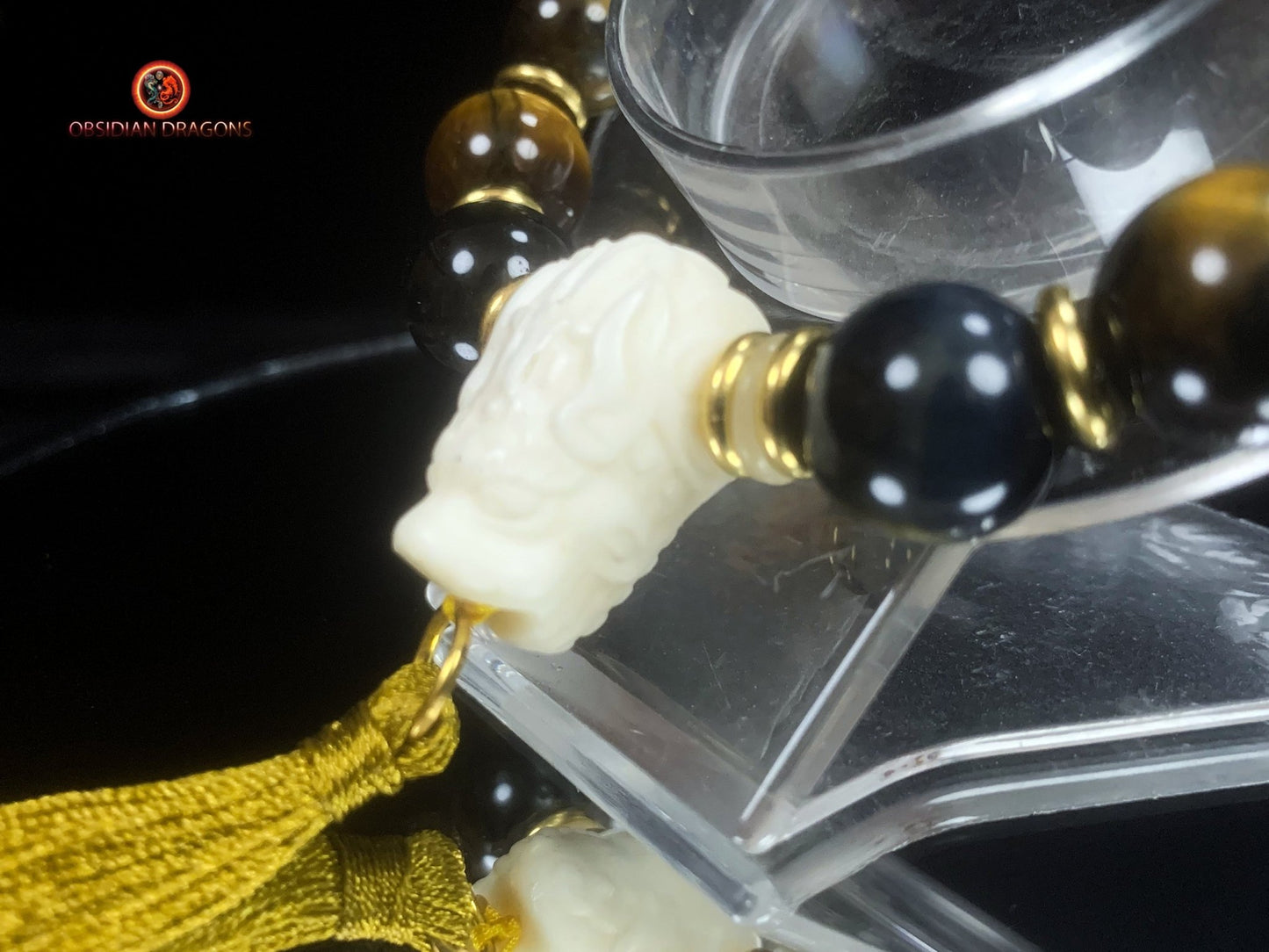 Bracelet en oeil de tigre- Crâne et dragon en os | obsidian dragons