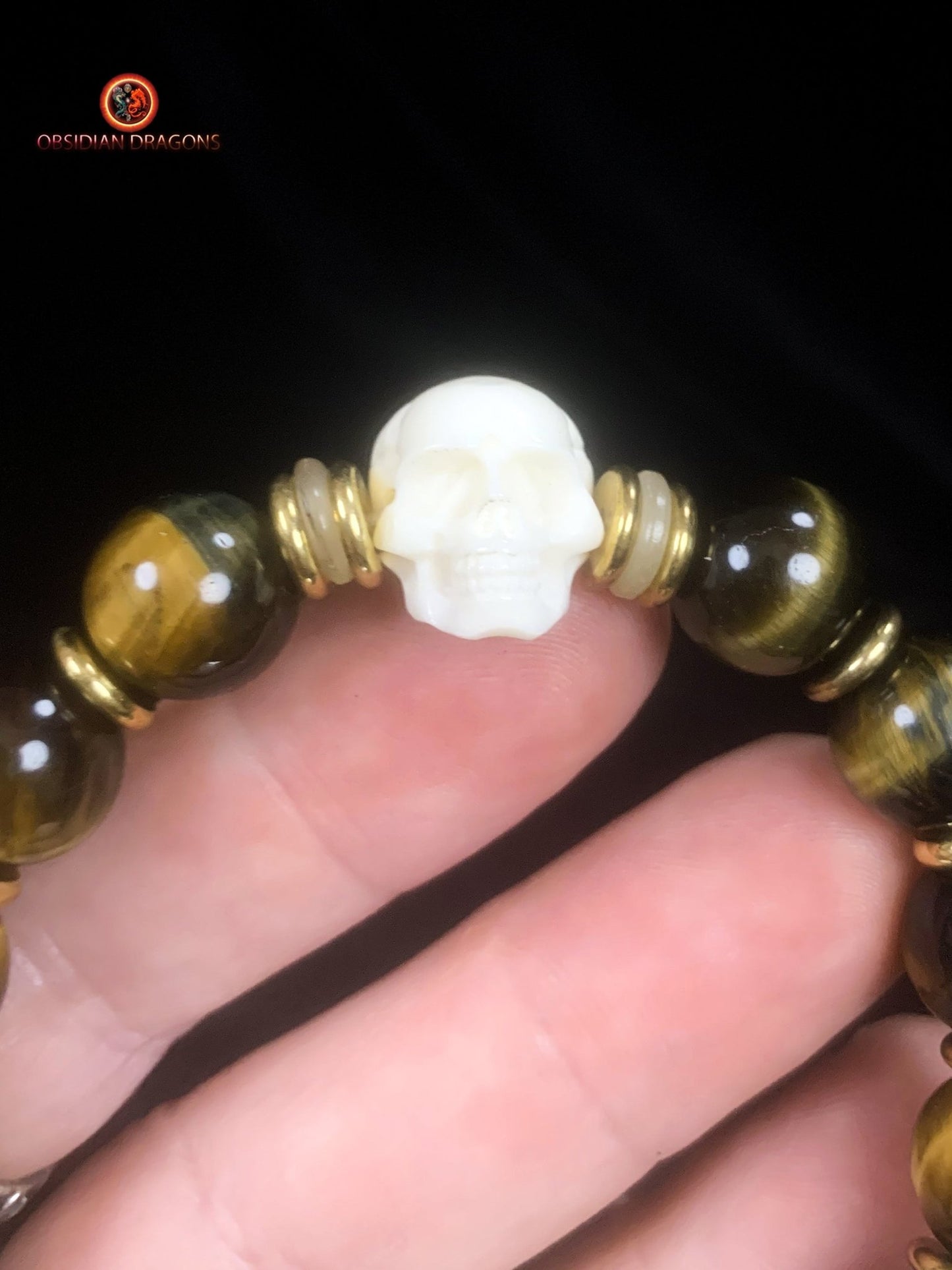 Bracelet en oeil de tigre- Crâne et dragon en os | obsidian dragons