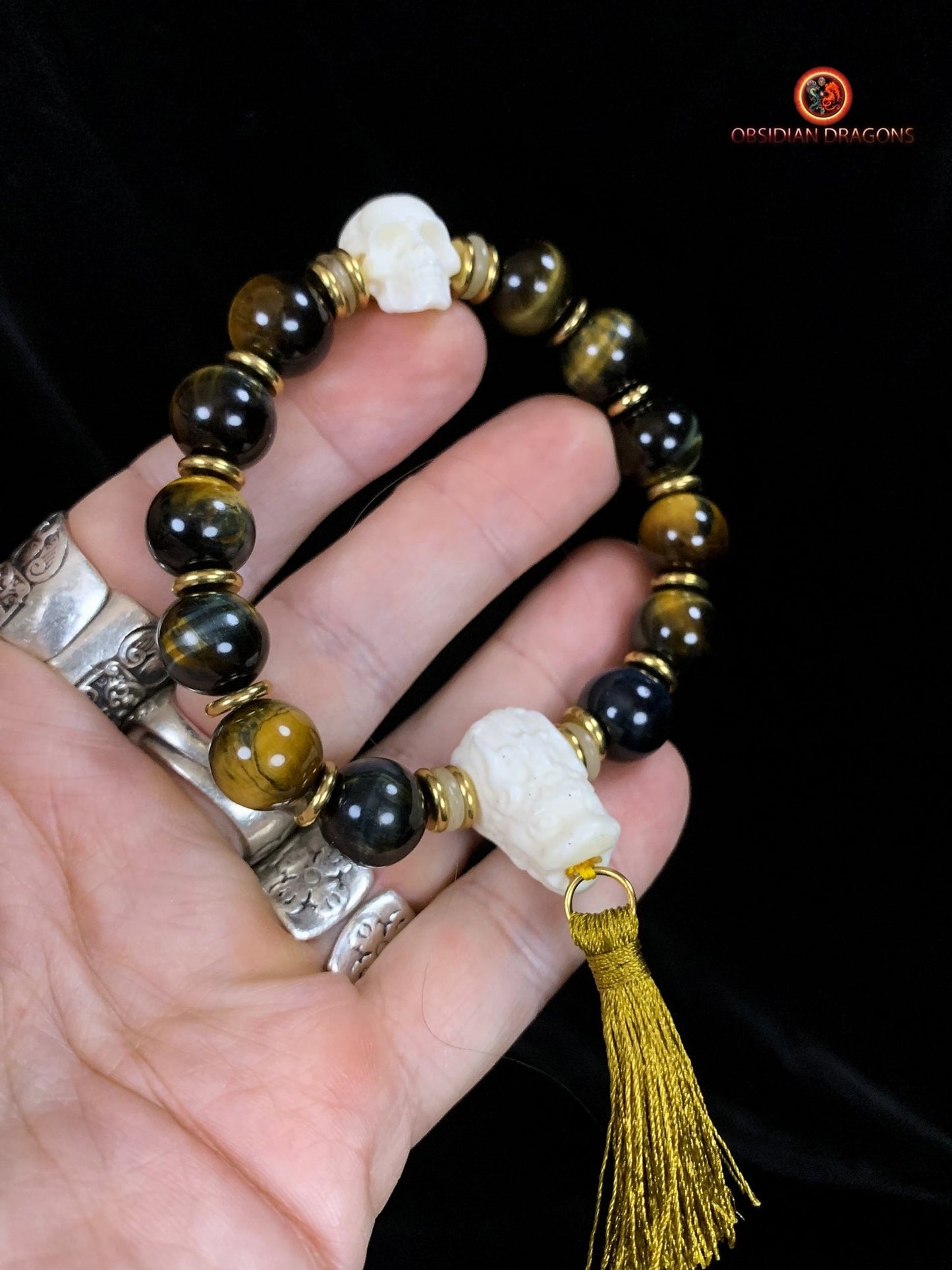 Bracelet en oeil de tigre- Crâne et dragon en os | obsidian dragons