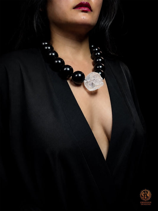 Collier mala crâne de cristal XXL – 18 perles d’ébène