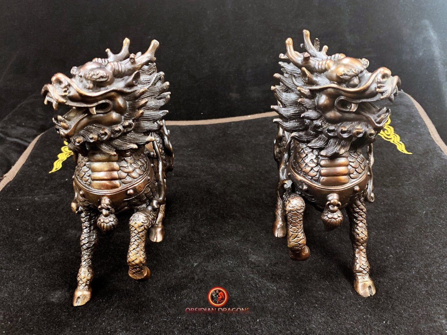 Couple de Qilin en bronze - protection Feng Shui | obsidian dragons