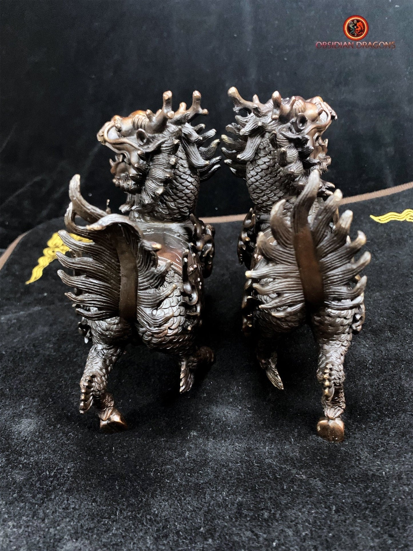 Couple de Qilin en bronze - protection Feng Shui | obsidian dragons
