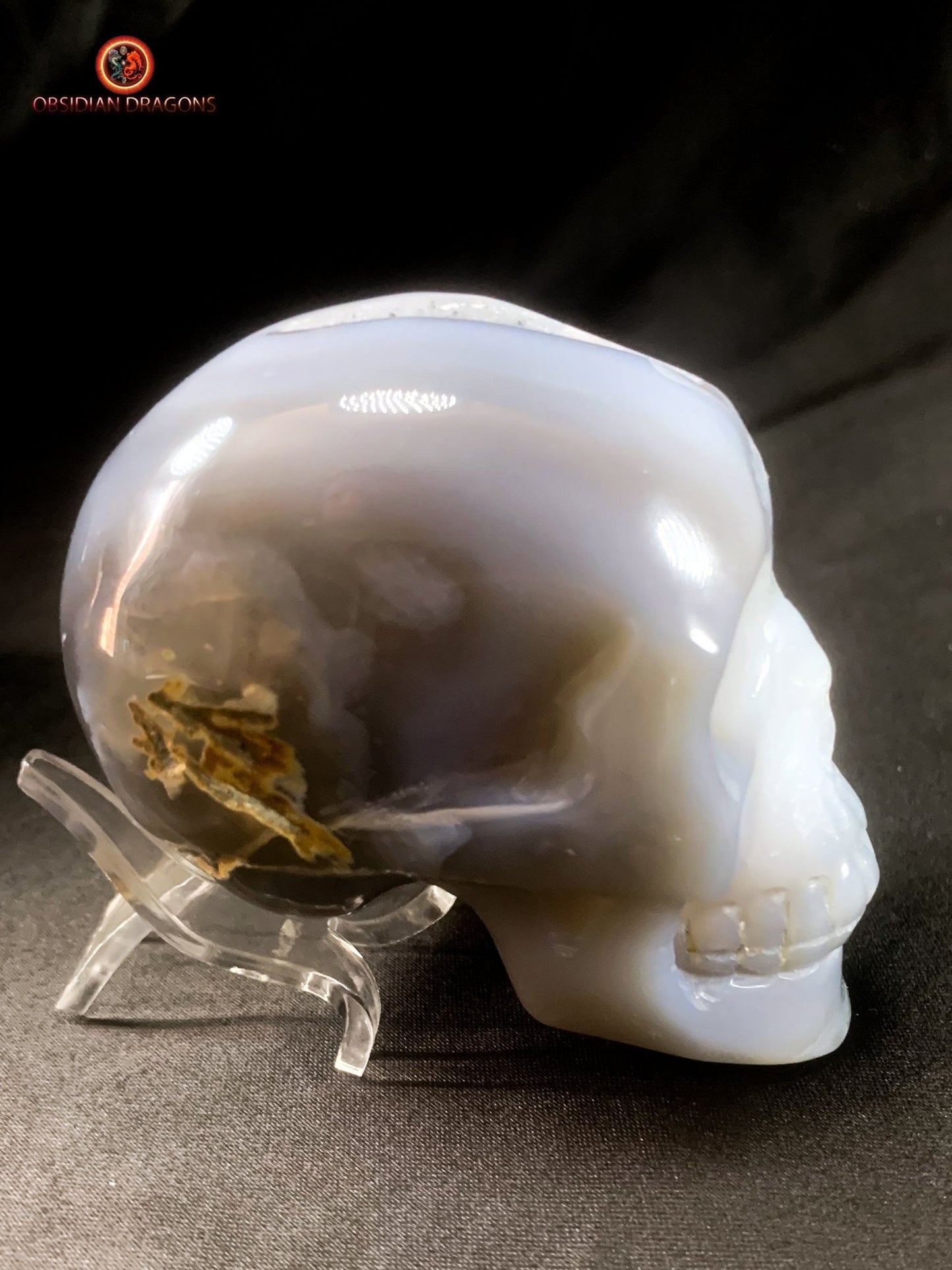 Petit crâne de cristal sculpté dans une géode de quartz | obsidian dragons
