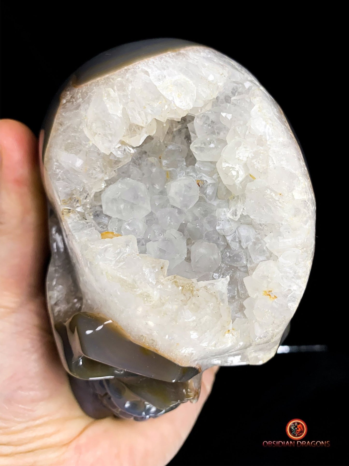 Rare crâne de cristal sculpté dans une géode | obsidian dragons
