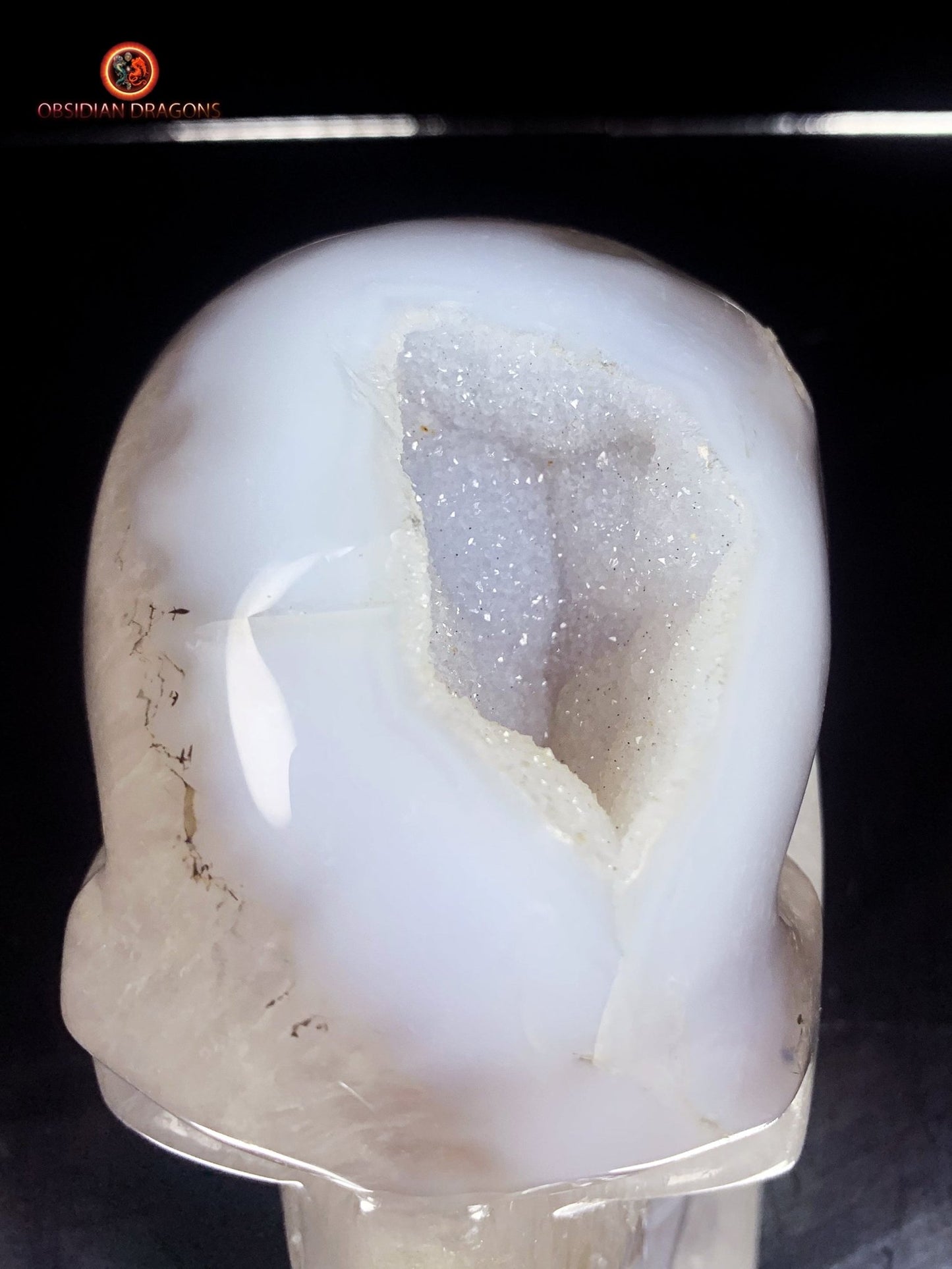 Crâne de cristal sculpté dans une géode de quartz | obsidian dragons