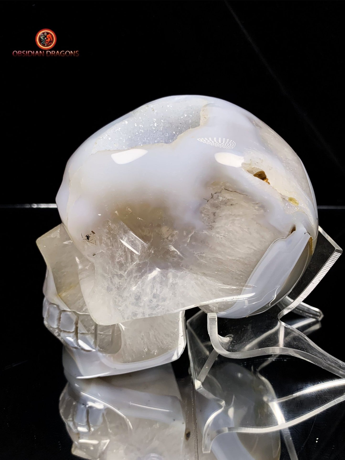Crâne de cristal sculpté dans une géode de quartz | obsidian dragons