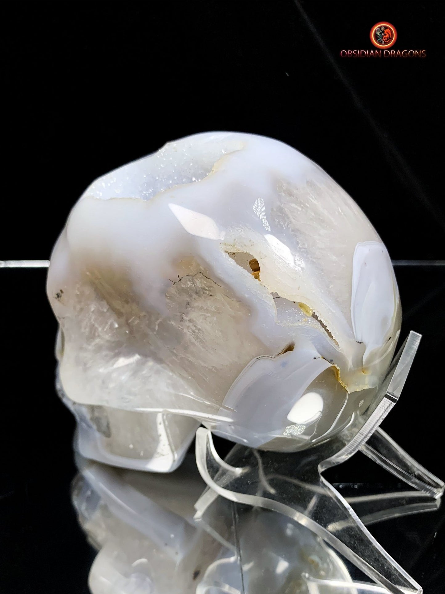 Crâne de cristal sculpté dans une géode de quartz | obsidian dragons