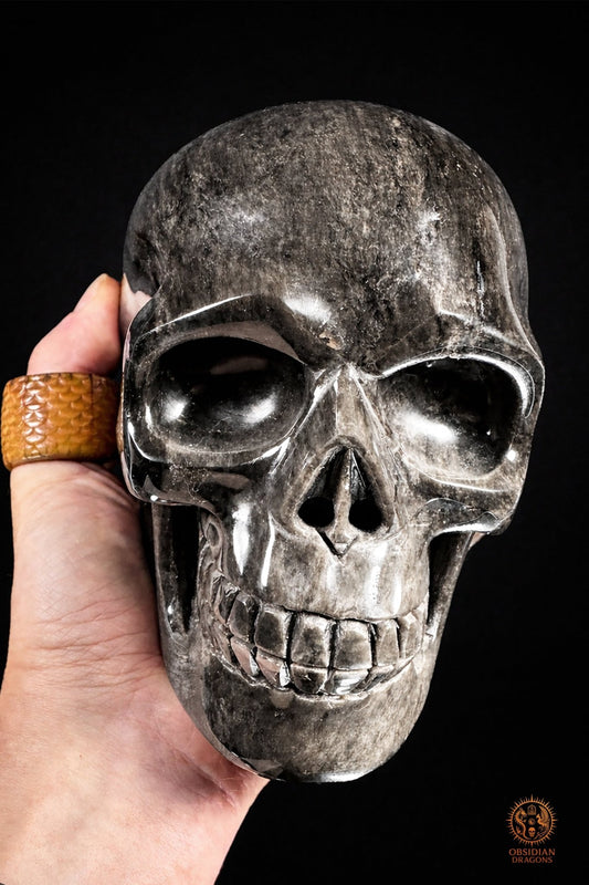 Grand crâne en obsidienne argentée du Mexique – 3 kg | obsidian dragons