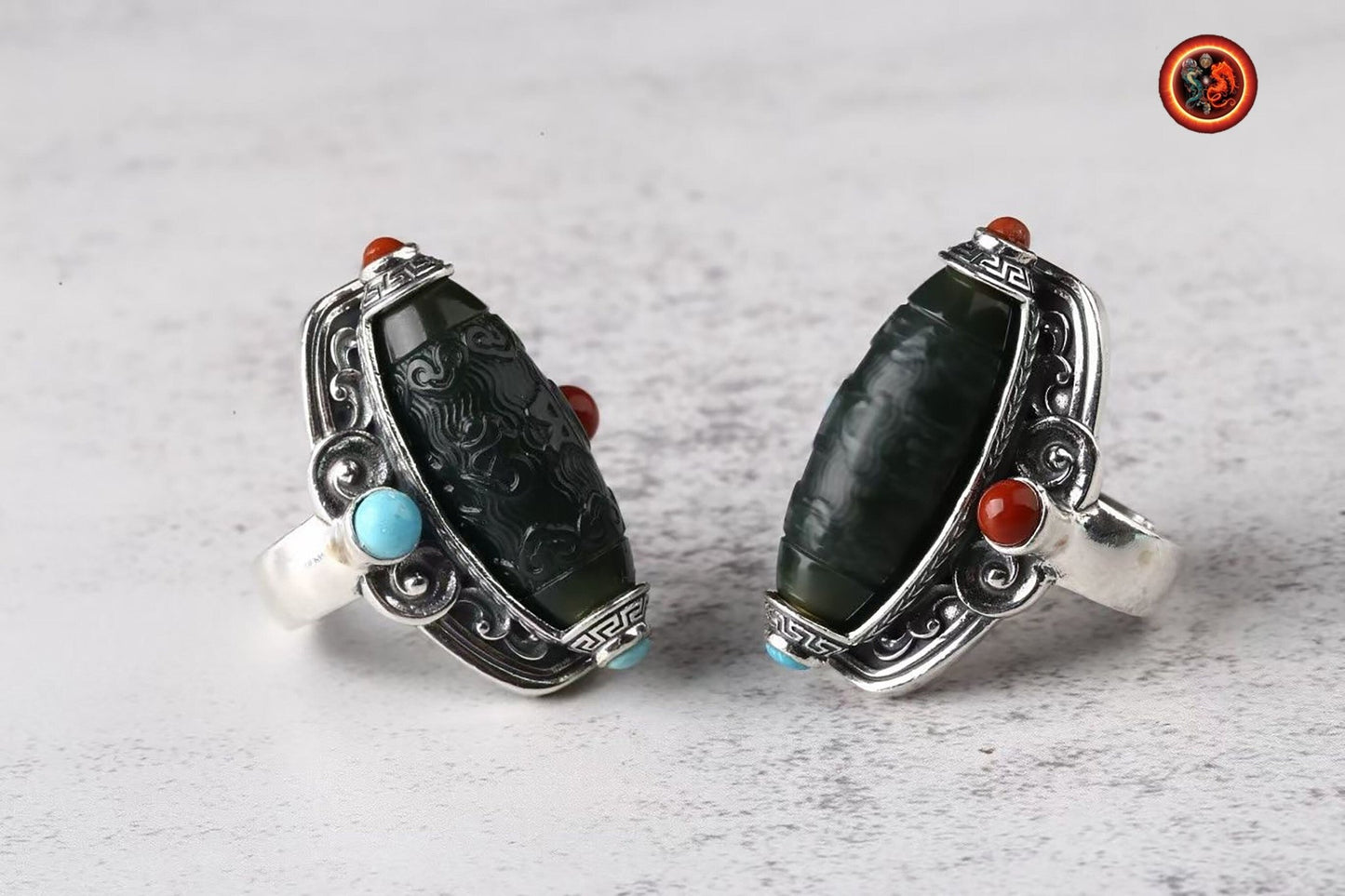 Bague moulin à prière tibétain- Jade et argent | obsidian dragons