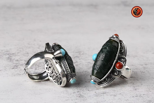 Bague moulin à prière tibétain- Jade et argent | obsidian dragons