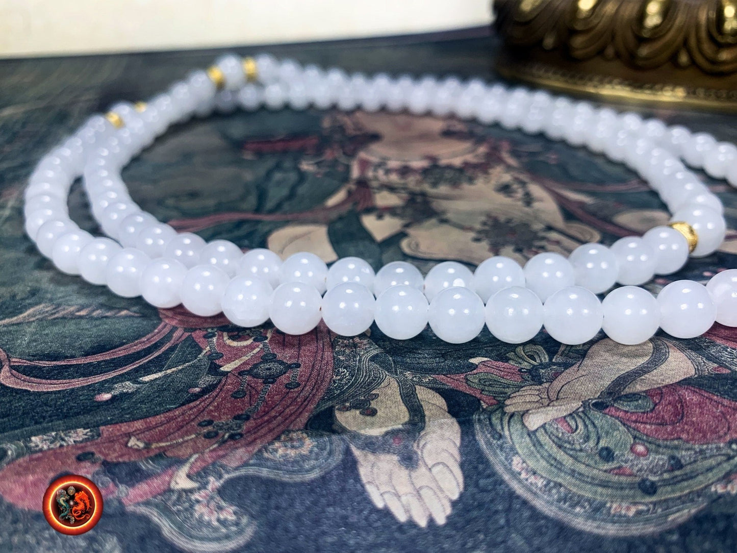Mala artisanal en jade blanc- Chapelet bouddhiste | obsidian dragons