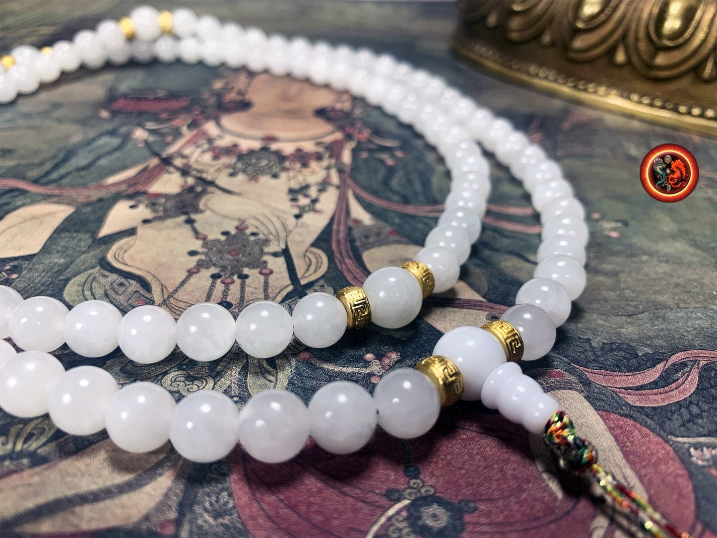 Mala artisanal en jade blanc- Chapelet bouddhiste | obsidian dragons
