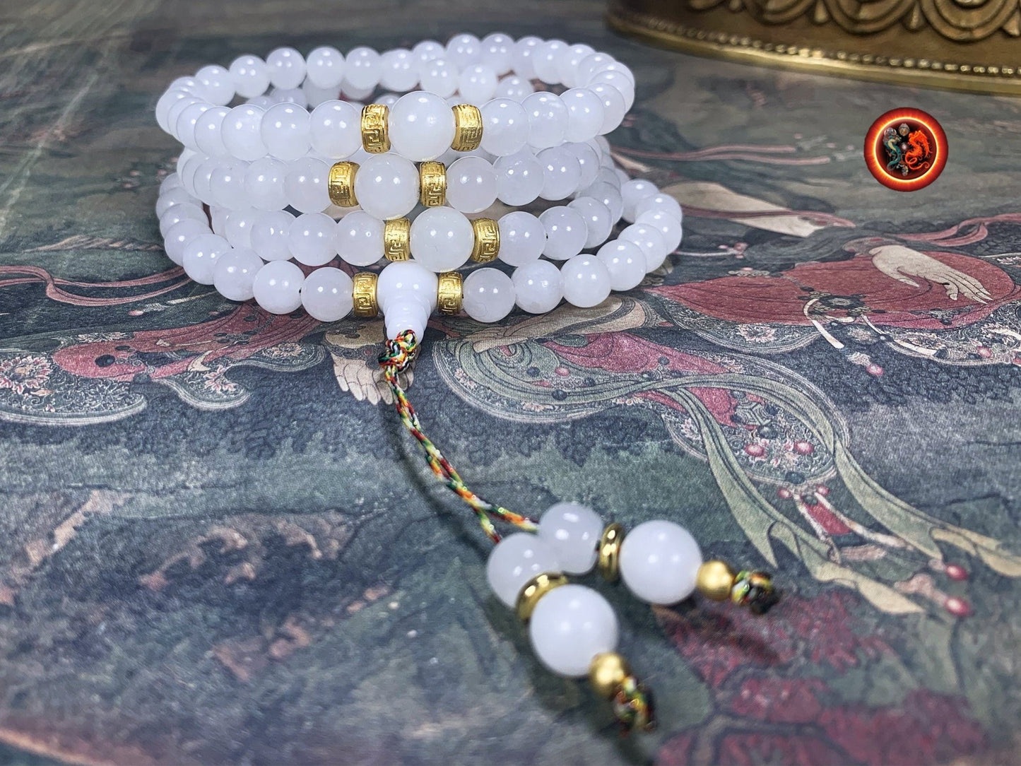 Mala artisanal en jade blanc- Chapelet bouddhiste | obsidian dragons