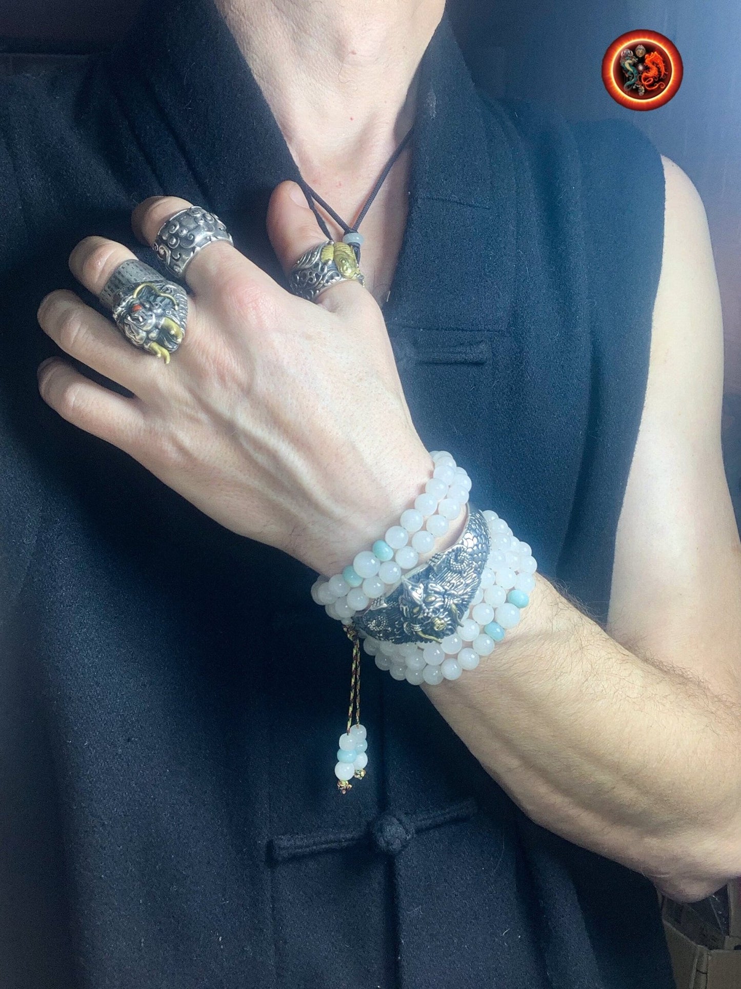 Mala artisanal en jade blanc et amazonite | obsidian dragons