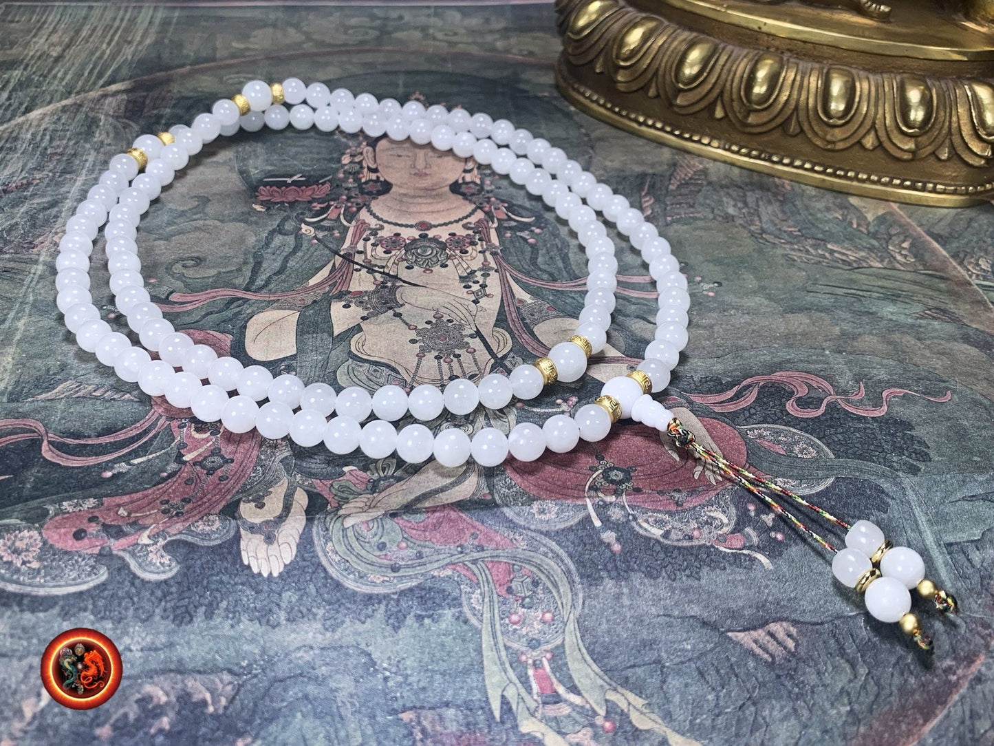 Mala artisanal en jade blanc- Chapelet bouddhiste | obsidian dragons