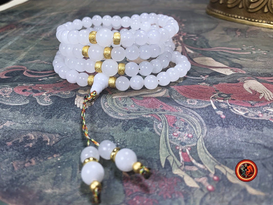 Mala artisanal en jade blanc- Chapelet bouddhiste | obsidian dragons