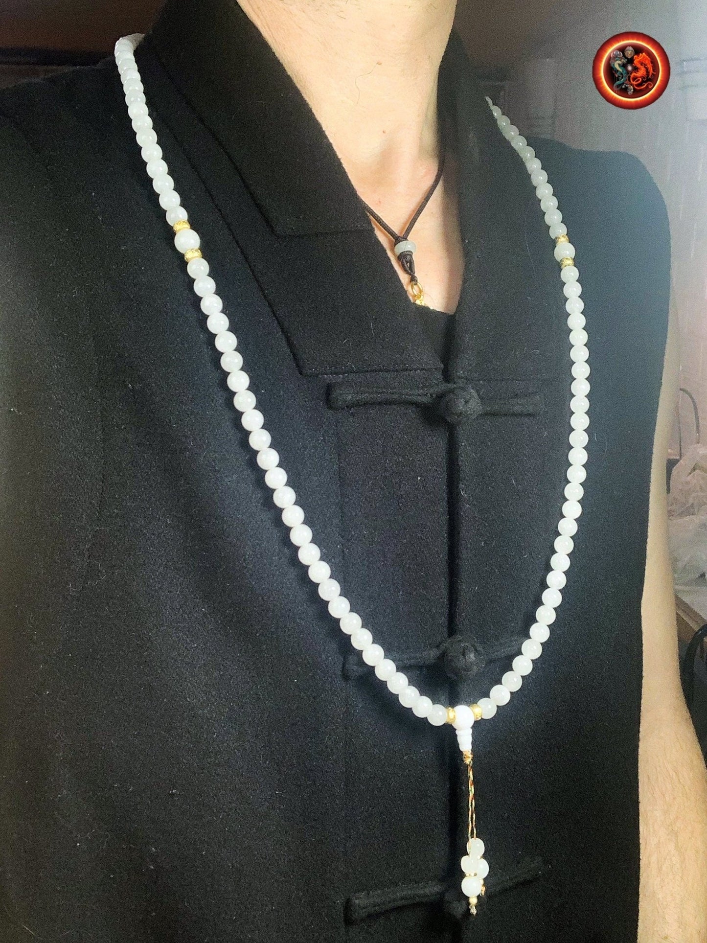 Mala artisanal en jade blanc- Chapelet bouddhiste | obsidian dragons