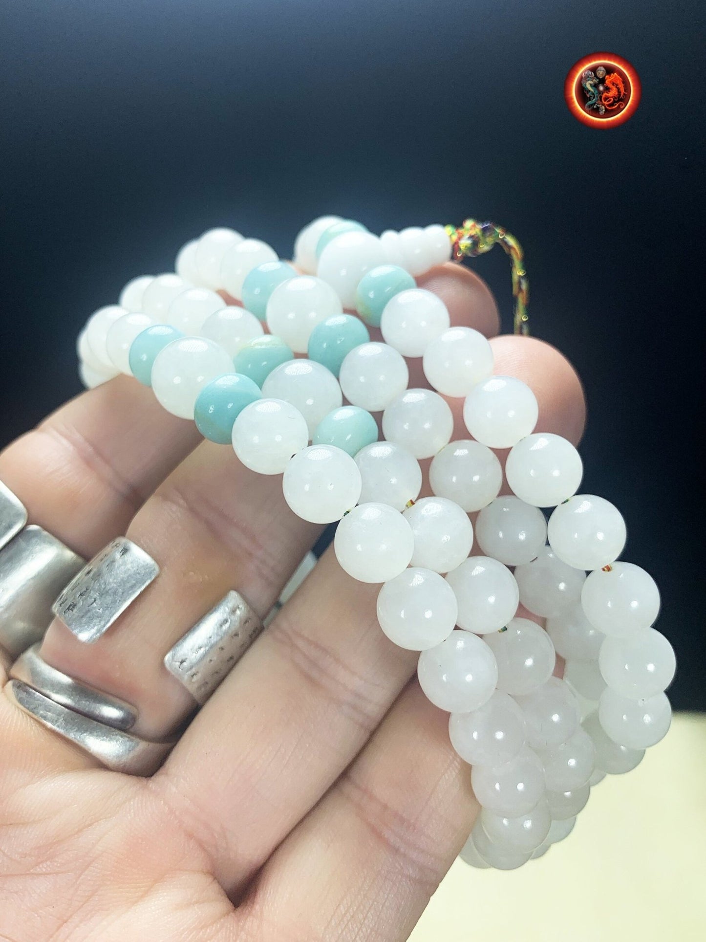 Mala artisanal en jade blanc et amazonite | obsidian dragons