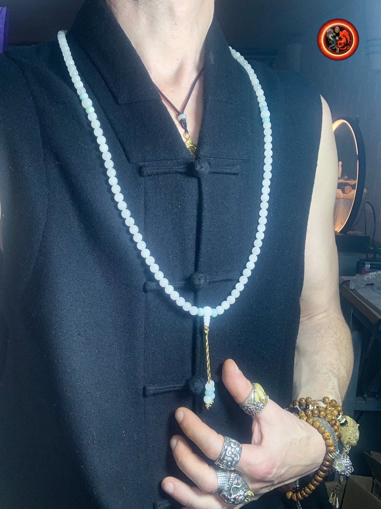 Mala artisanal en jade blanc et amazonite | obsidian dragons
