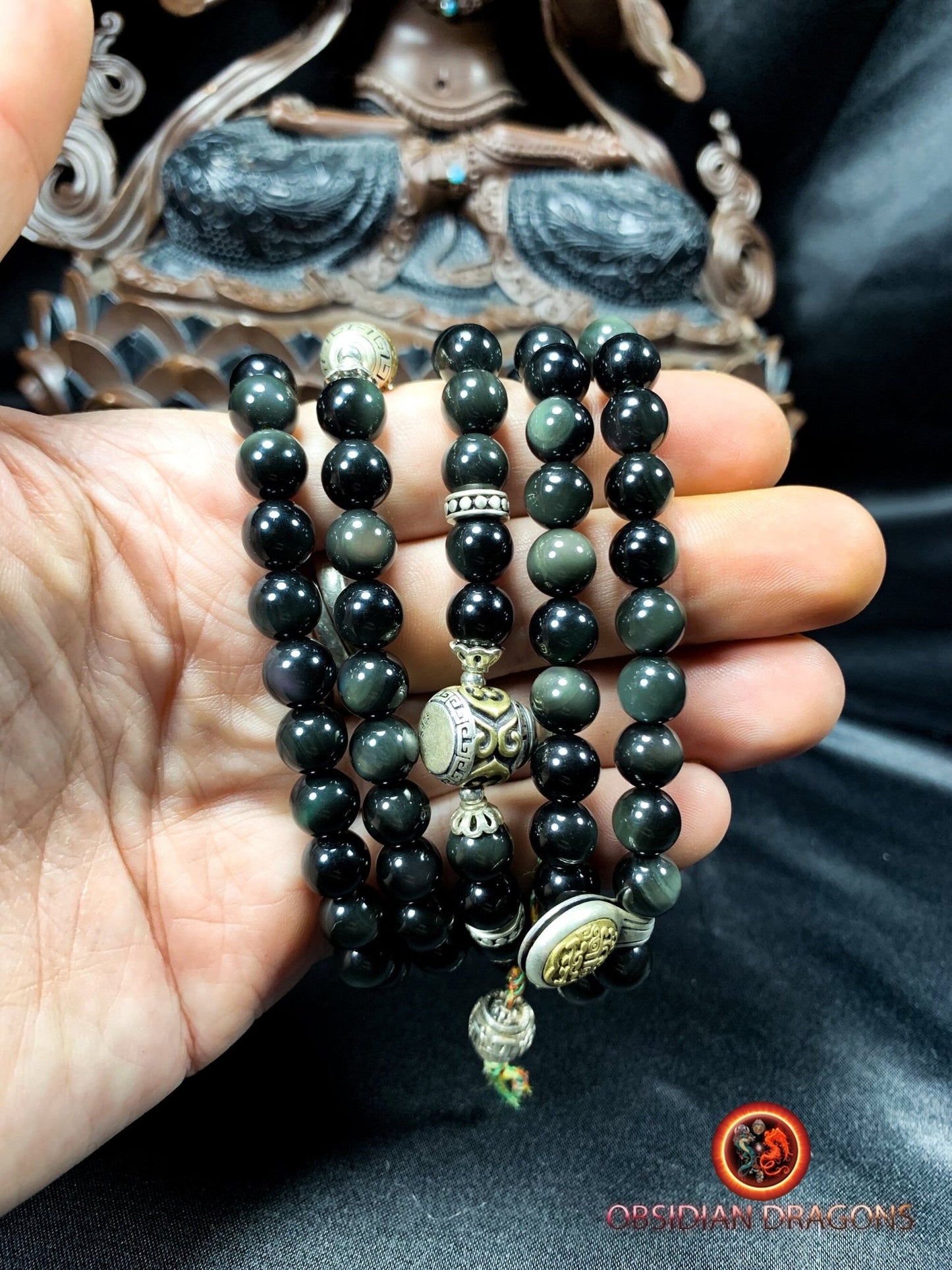 Mala artisanal en obsidienne- chapelet bouddhiste | obsidian dragons