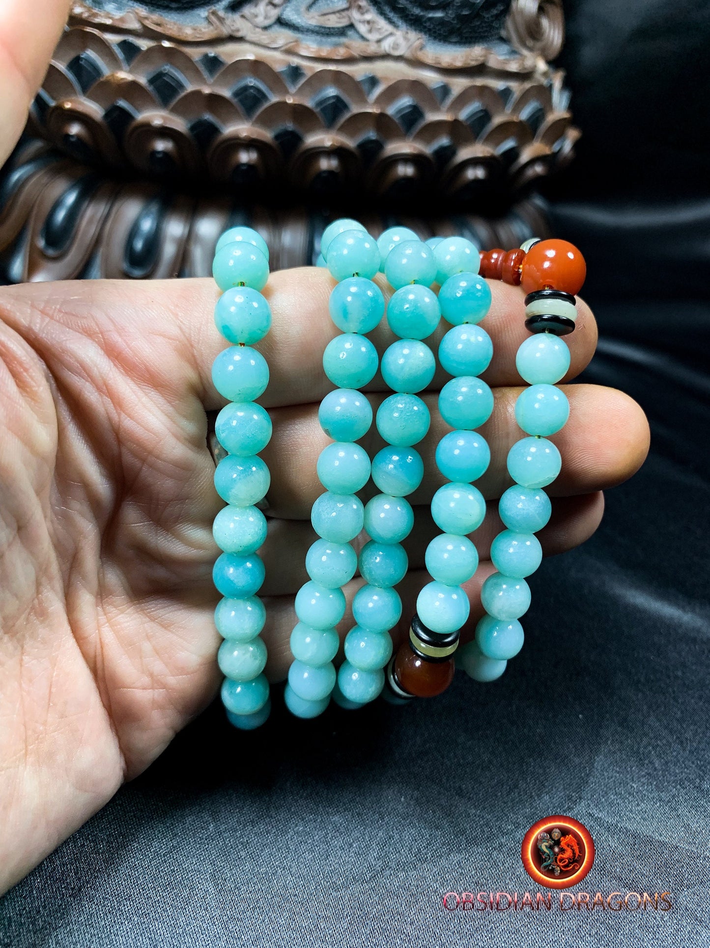 Mala artisanal- chapelet bouddhiste- amazonite | obsidian dragons