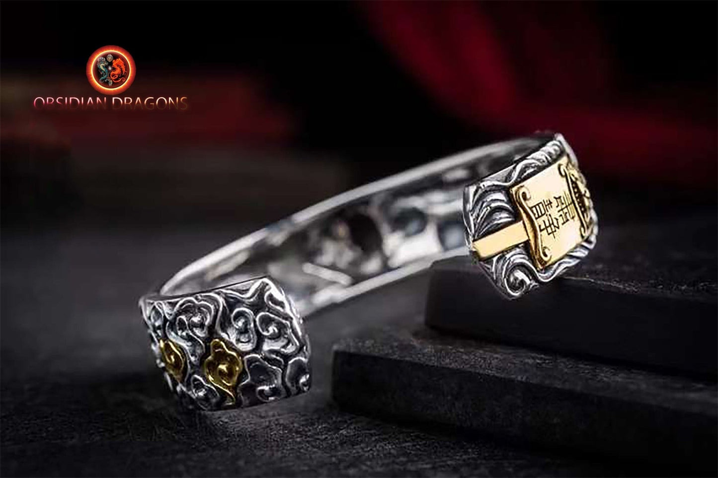 Bracelet manchette Pixiu en argent 925- Bonne fortune | obsidian dragons