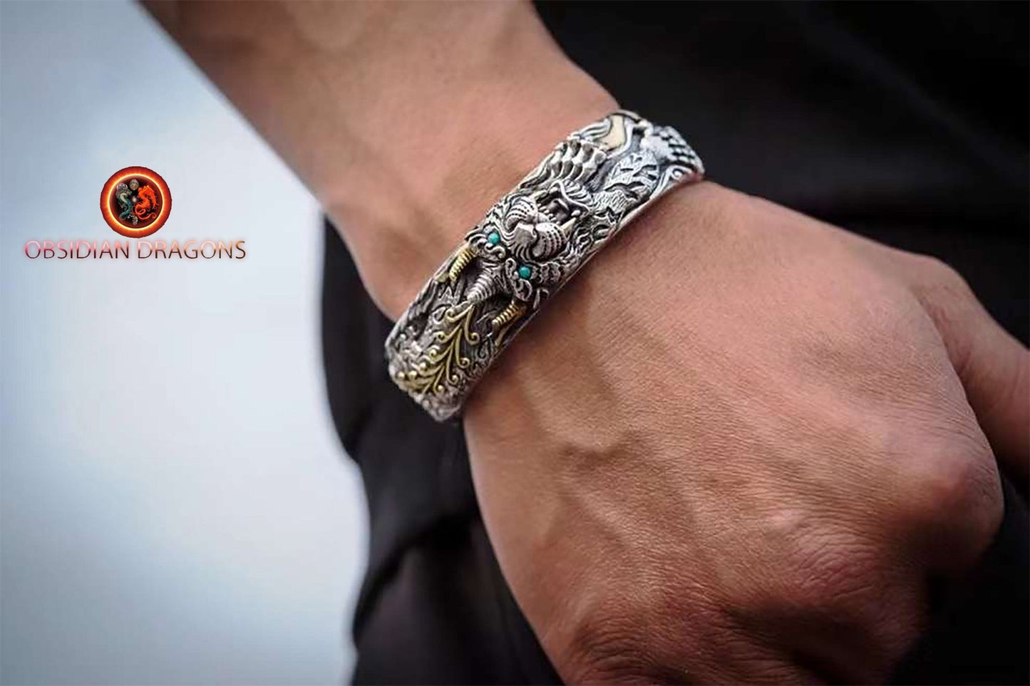 Bracelet manchette Pixiu en argent 925- Bonne fortune | obsidian dragons