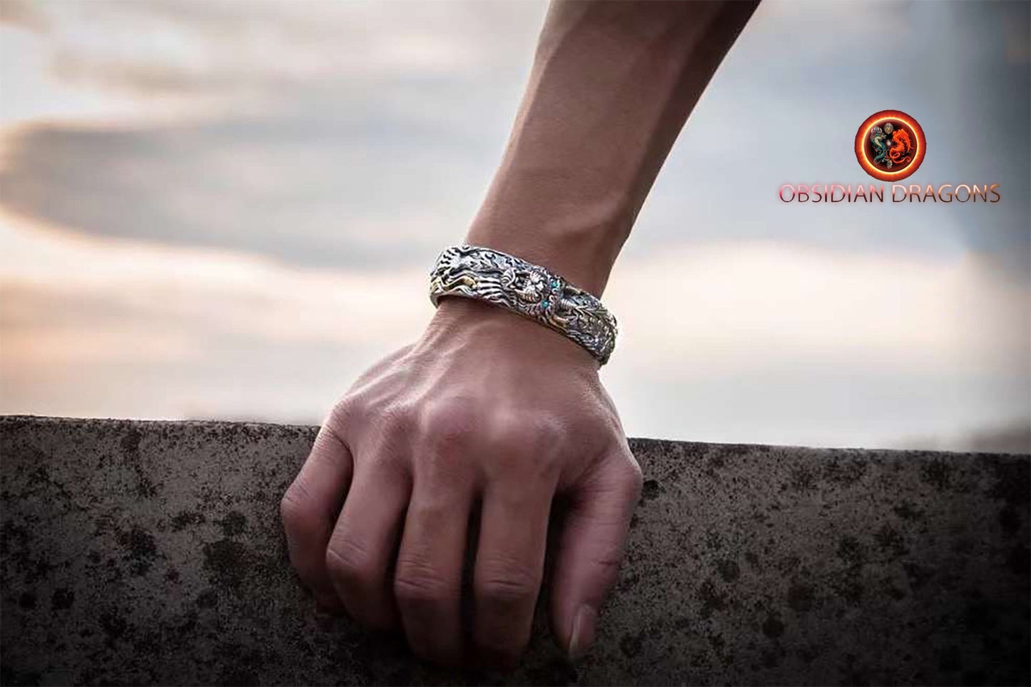 Bracelet manchette Pixiu en argent 925- Bonne fortune | obsidian dragons