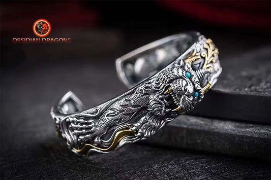 Bracelet manchette Pixiu en argent 925- Bonne fortune | obsidian dragons