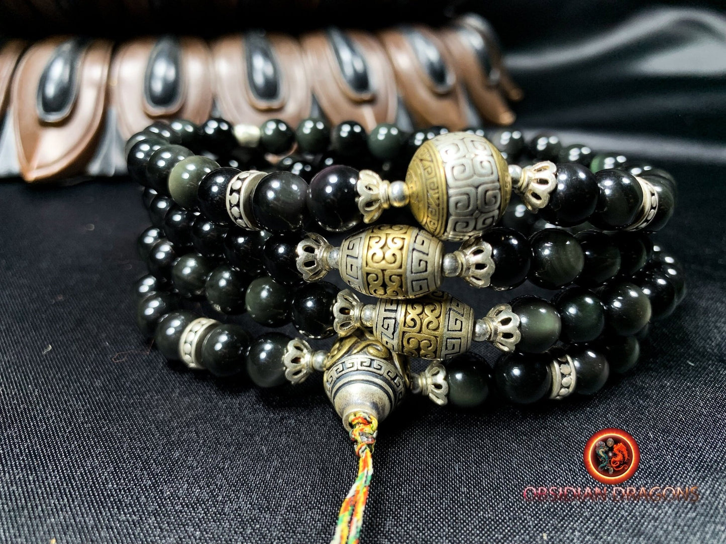 Mala artisanal en obsidienne- chapelet bouddhiste | obsidian dragons