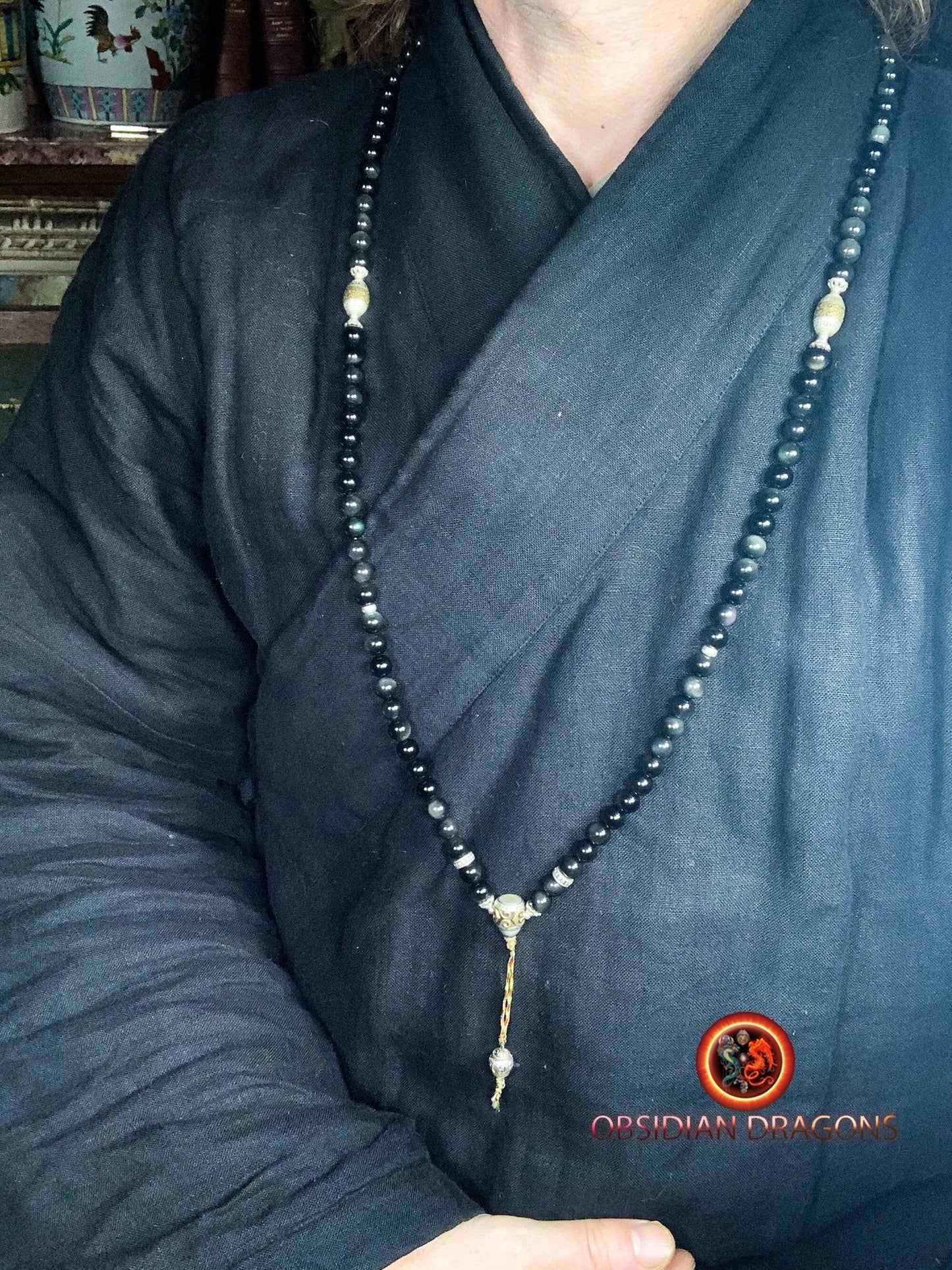 Mala artisanal en obsidienne- chapelet bouddhiste | obsidian dragons