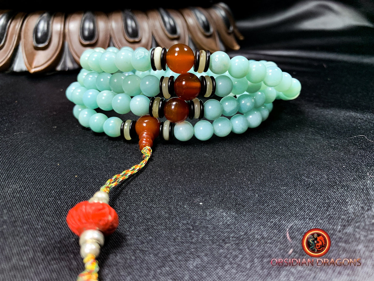 Mala artisanal- chapelet bouddhiste- amazonite | obsidian dragons