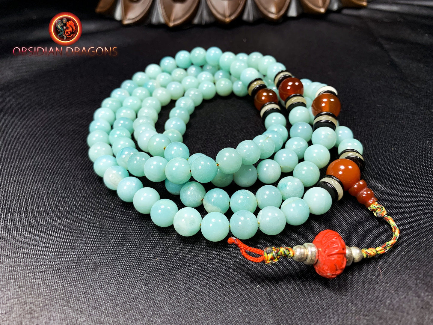 Mala artisanal- chapelet bouddhiste- amazonite | obsidian dragons