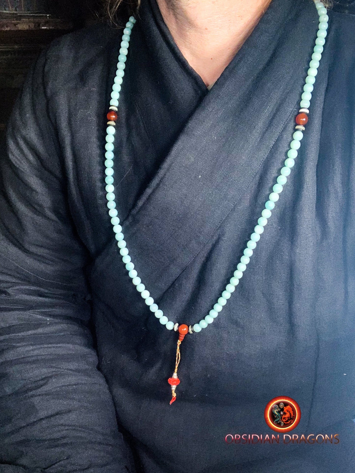 Mala artisanal- chapelet bouddhiste- amazonite | obsidian dragons