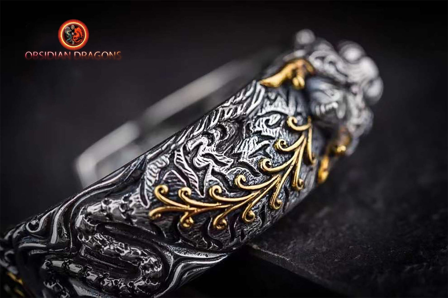 Bracelet manchette Pixiu en argent 925- Bonne fortune | obsidian dragons