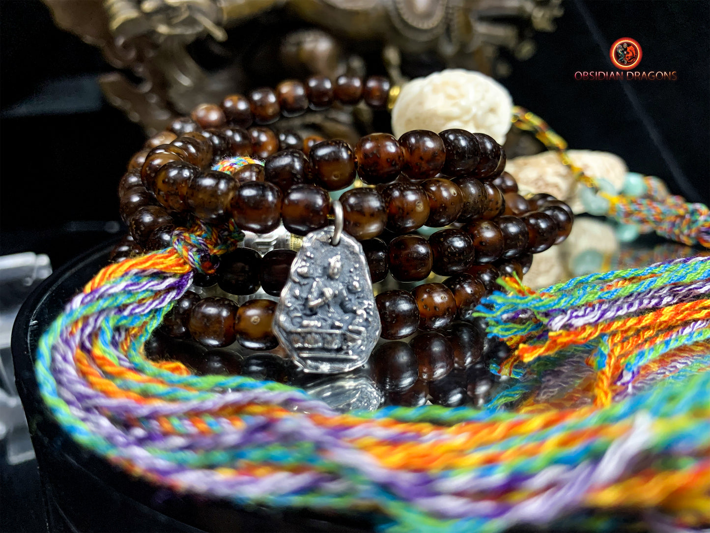 Mala en graines de bodhi fossile- DZI de Tara Verte | obsidian dragons
