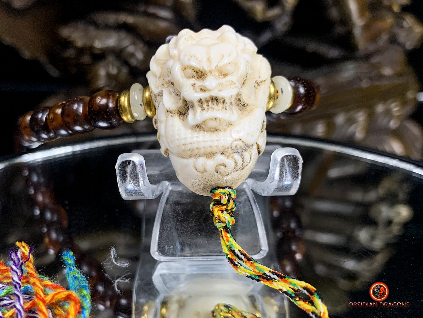 Mala en graines de bodhi fossile- DZI de Tara Verte | obsidian dragons