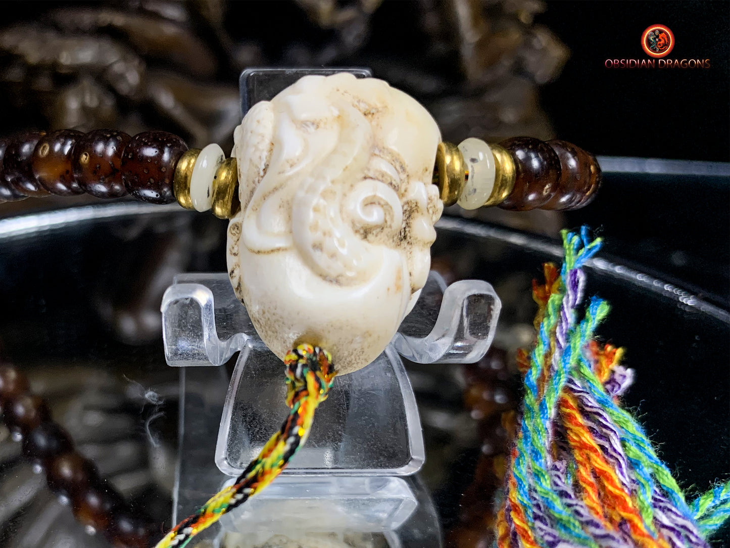 Mala en graines de bodhi fossile- DZI de Tara Verte | obsidian dragons