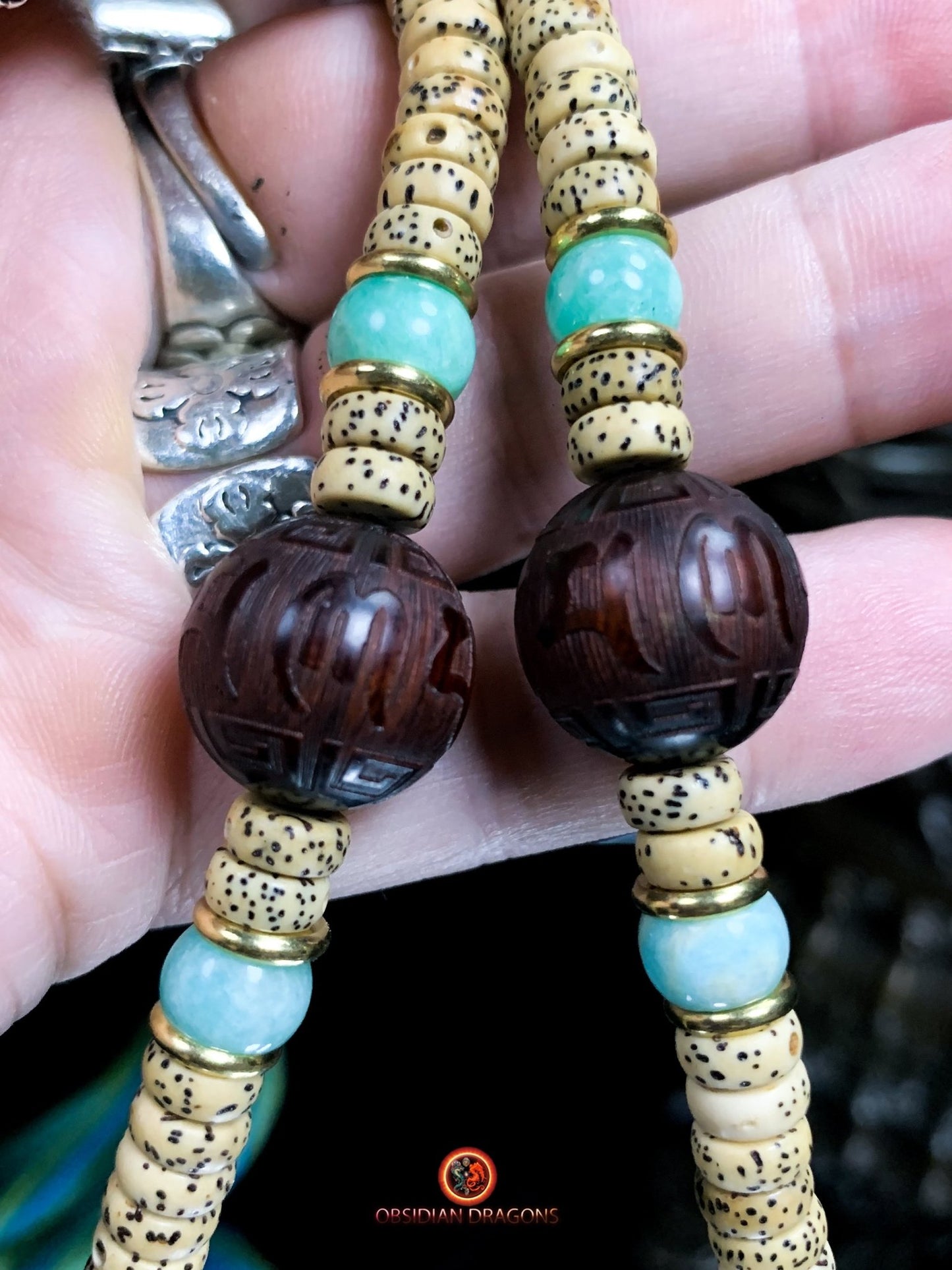 Mala tibétain- Graines de Pipal- Authentique DZI à 9 yeux | obsidian dragons