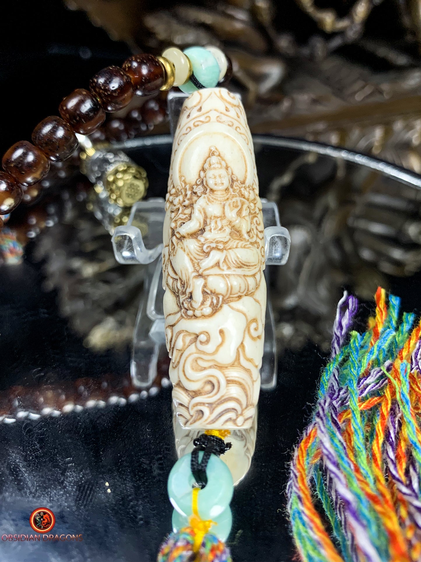 Mala en graines de bodhi fossile- DZI de Tara Verte | obsidian dragons