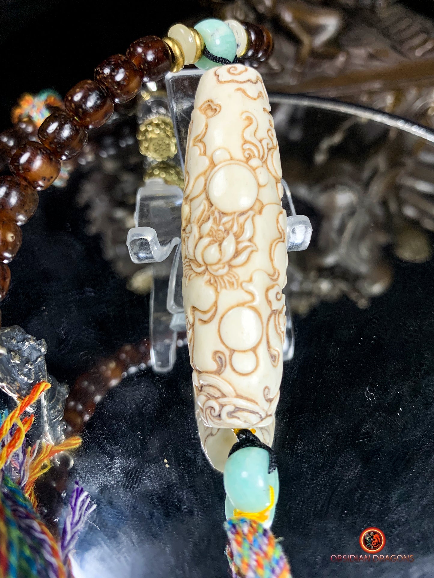 Mala en graines de bodhi fossile- DZI de Tara Verte | obsidian dragons