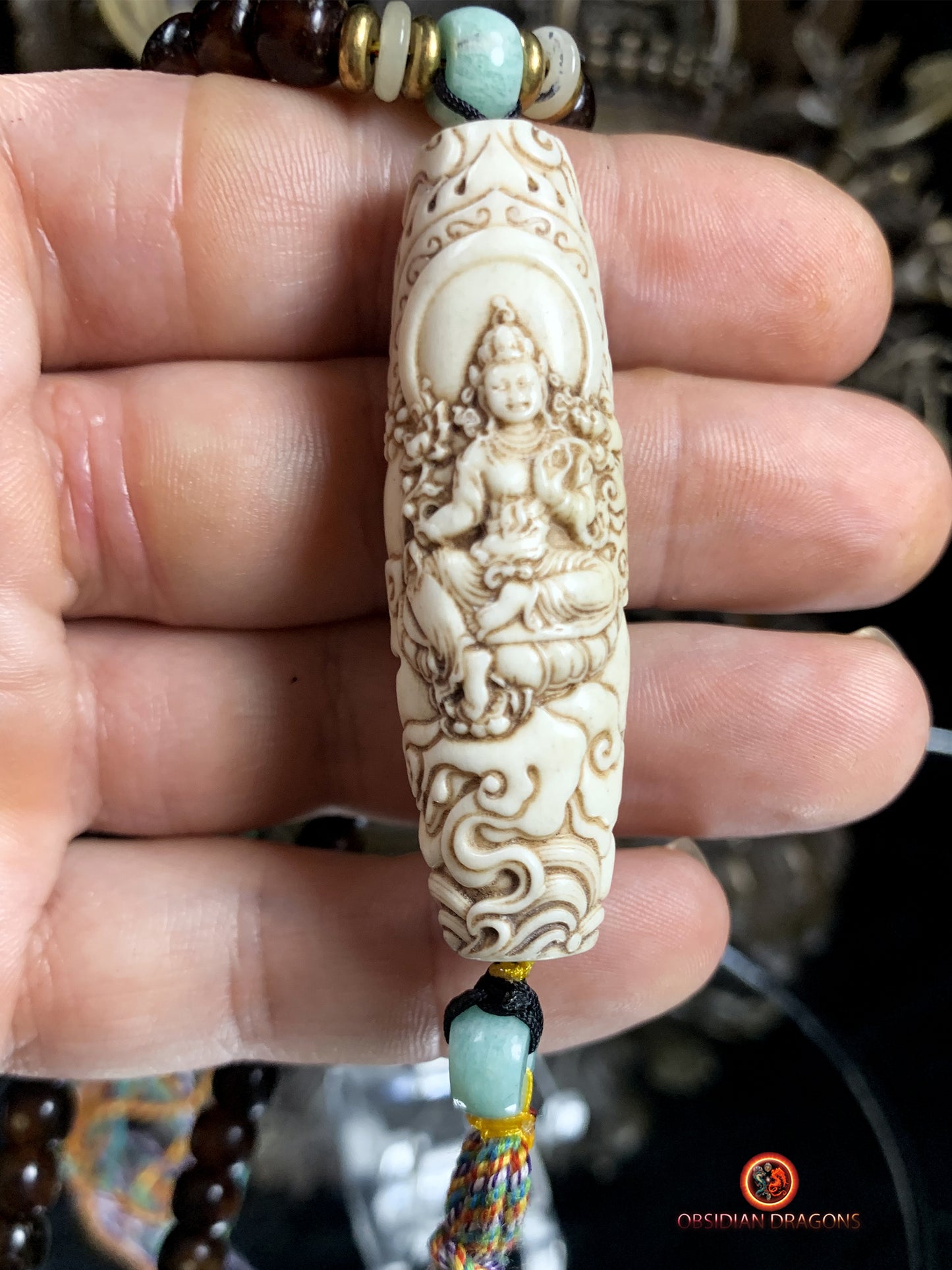 Mala en graines de bodhi fossile- DZI de Tara Verte | obsidian dragons