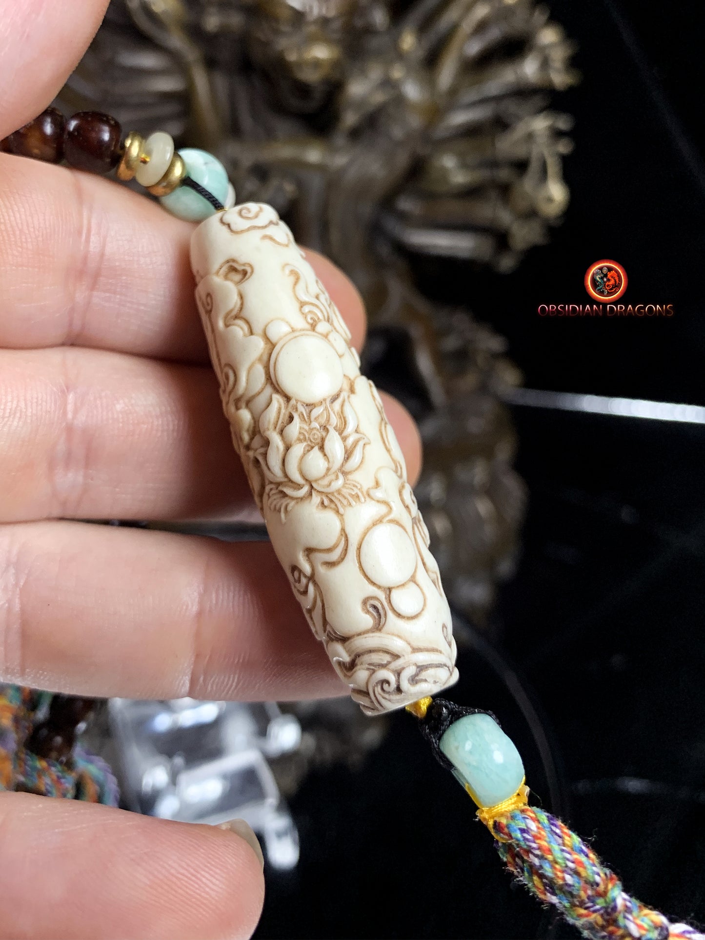 Mala en graines de bodhi fossile- DZI de Tara Verte | obsidian dragons