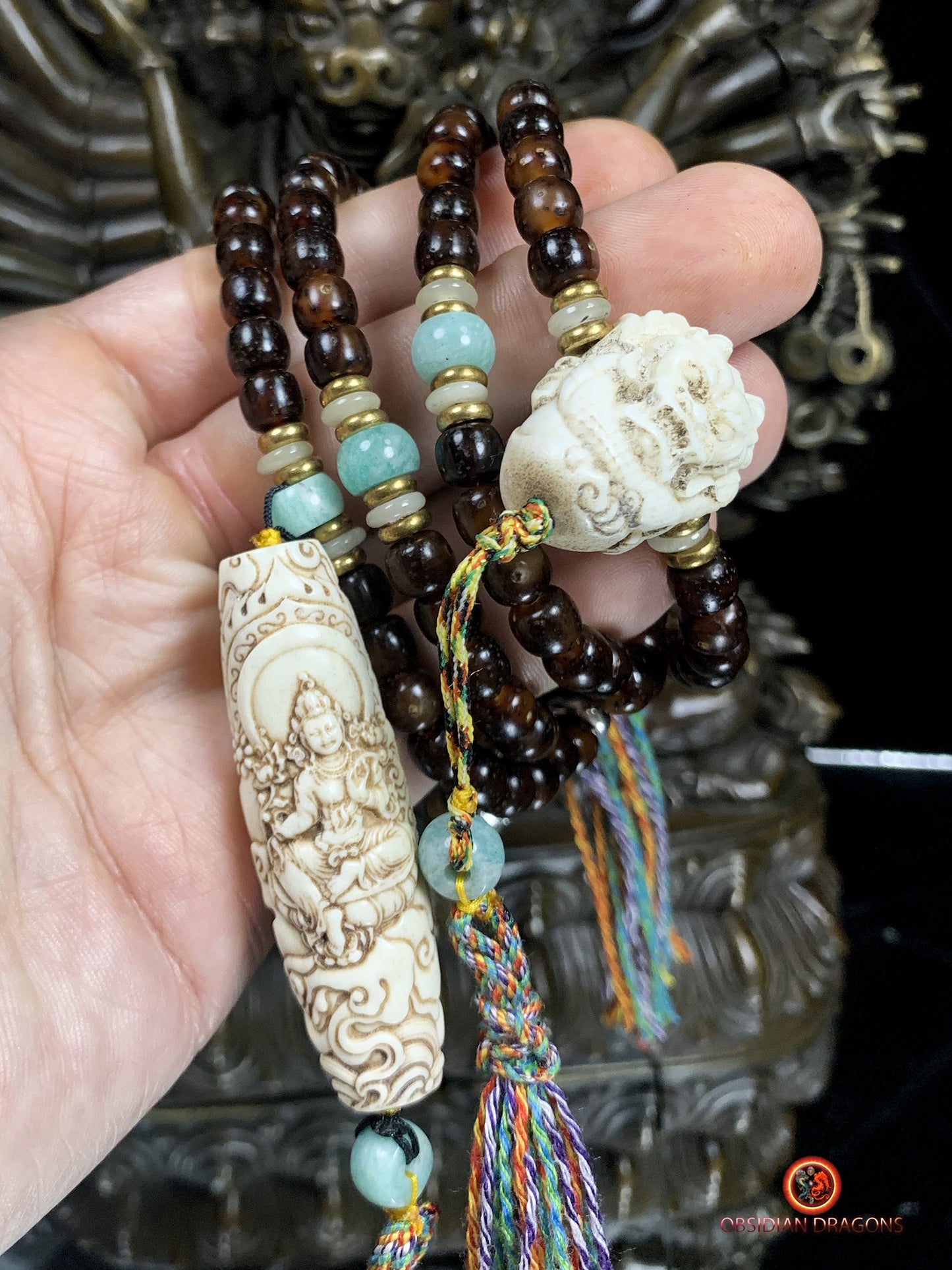 Mala en graines de bodhi fossile- DZI de Tara Verte | obsidian dragons
