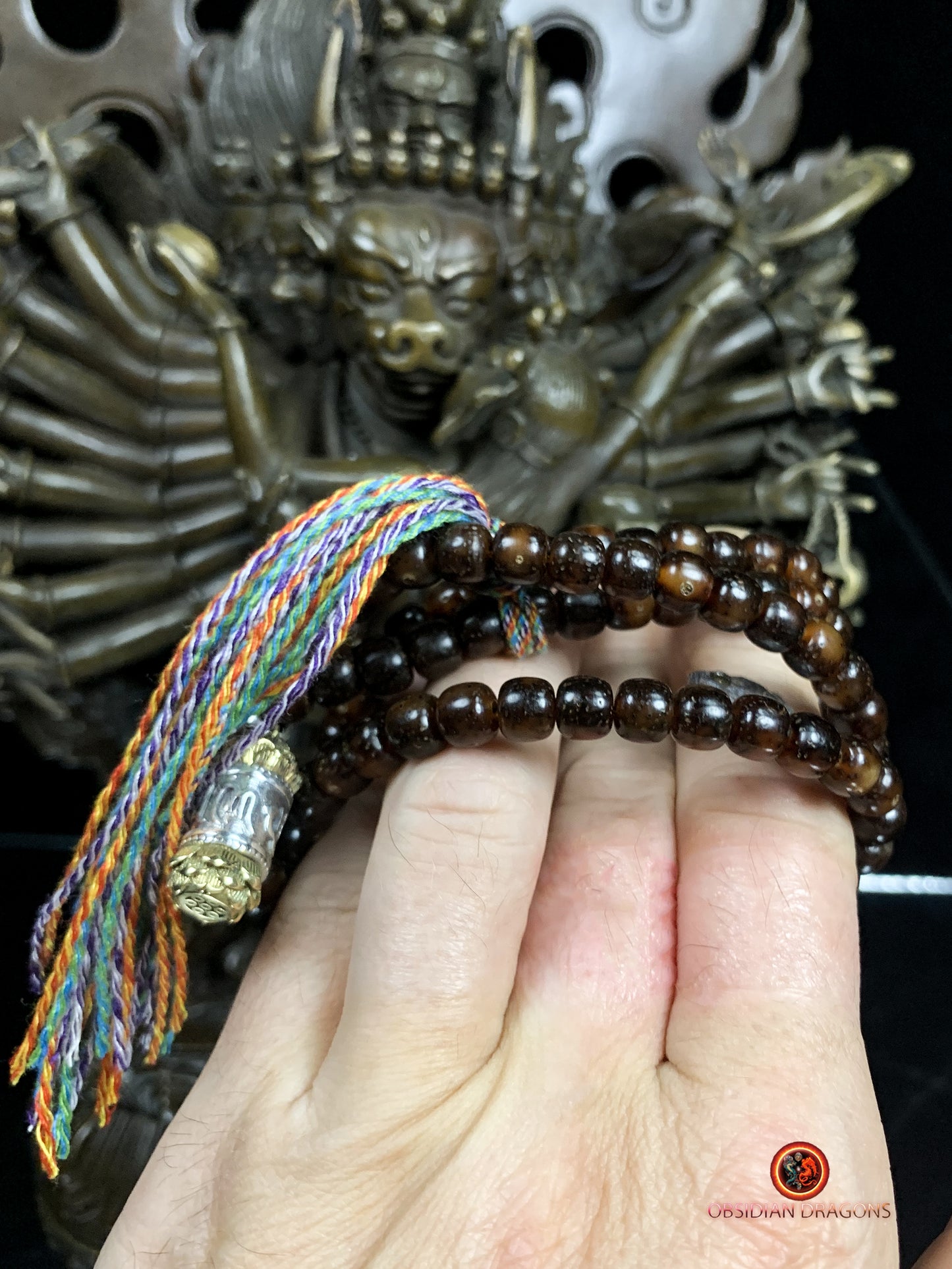 Mala en graines de bodhi fossile- DZI de Tara Verte | obsidian dragons