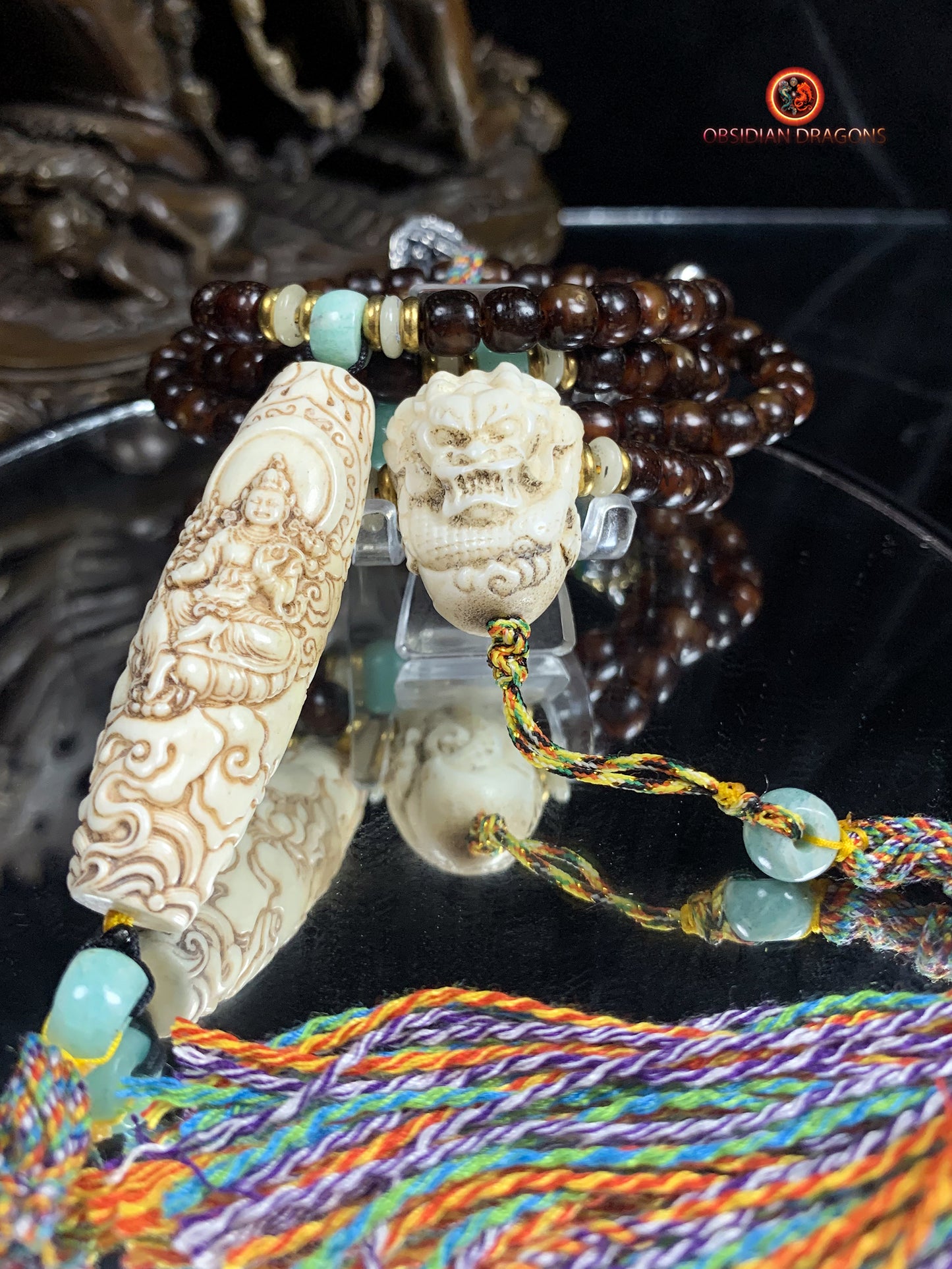 Mala en graines de bodhi fossile- DZI de Tara Verte | obsidian dragons